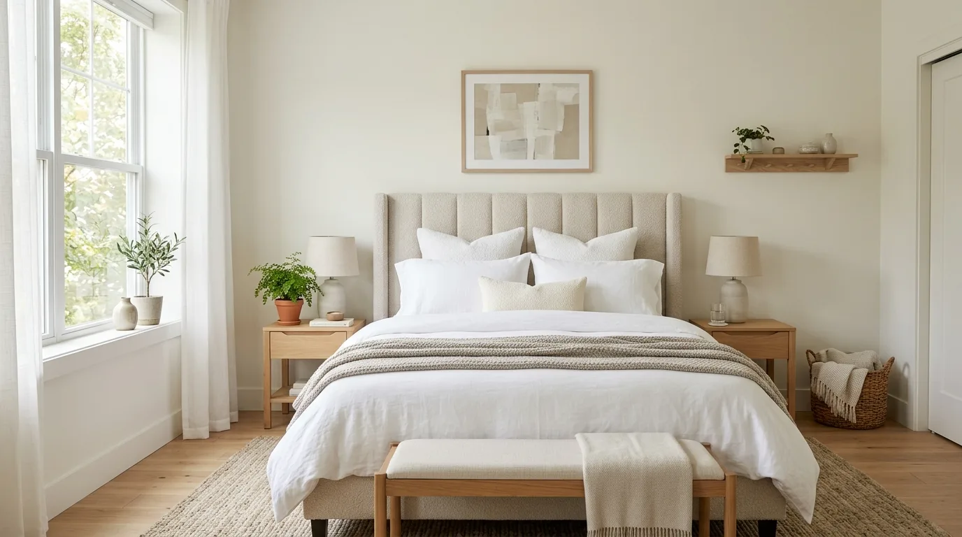 Let the headboard be the quiet statement inspiration for a neutral bedroom.